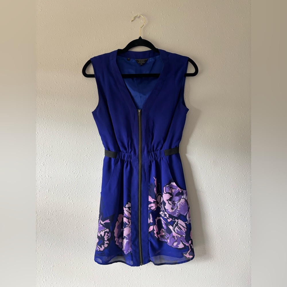 Guess Blue Floral Zip Up Dress XS
